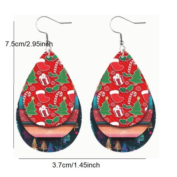 Set of 2 Christmas Teardrop Reversible PU Leather Hook Earrings C2, New! - Picture 3 of 3